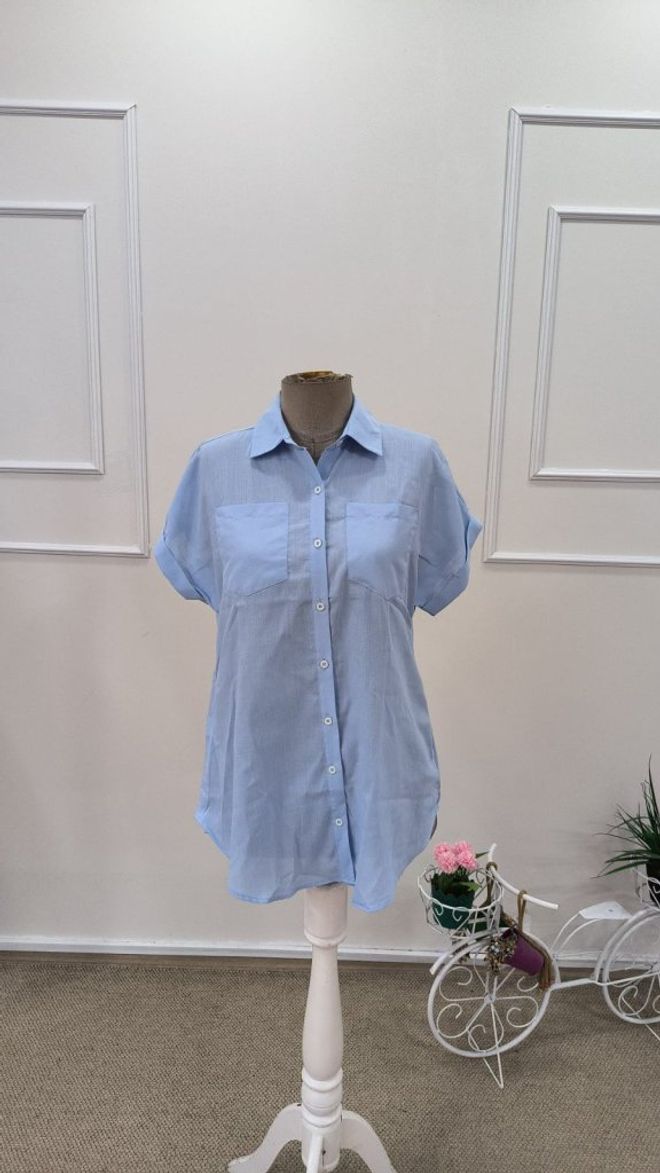 Janes Blue Casual Buttoned V Neck Shirt Wholesale Clothing Formal