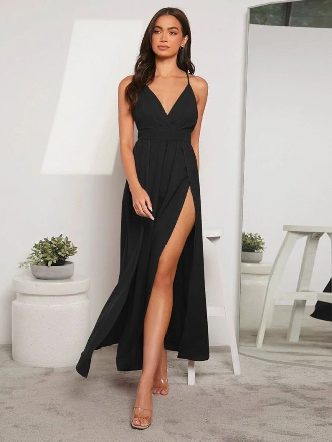 Janes Vestito Nero Sottoveste Sexy Con Collo Profondo Abbigliamento all'ingrosso Sexy