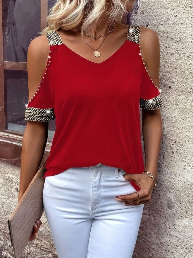 Janes Czerwona Efektowna Bluzka Z Dekoltem W Serek I Dzielonymi Rękawami Hurtowa sprzedaż odzieży Casual