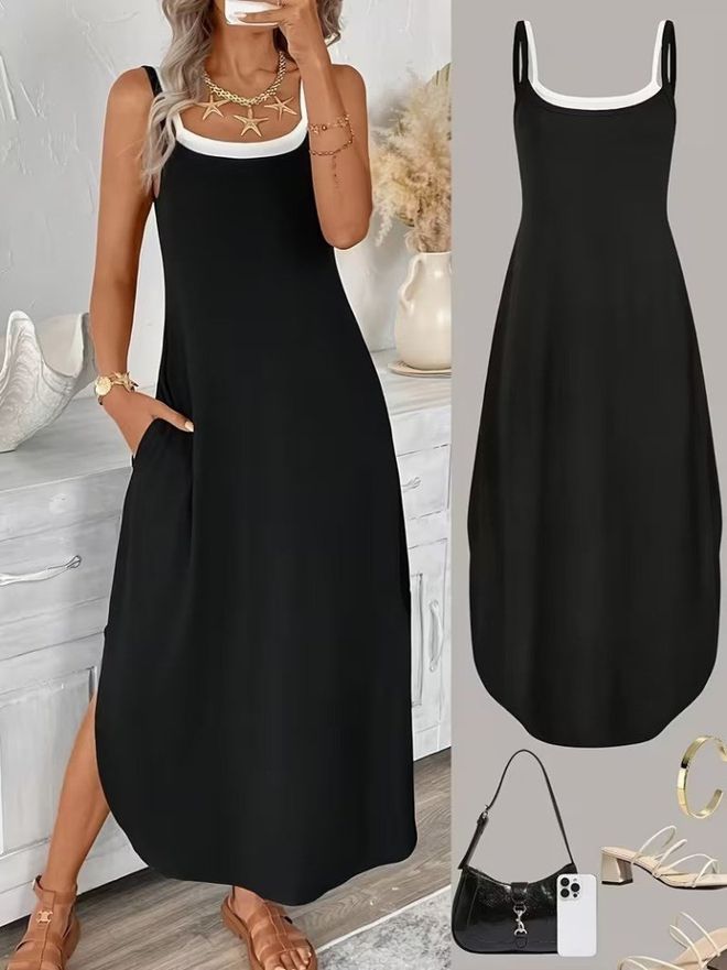 Janes Vestito Nero Sottoveste Con Collo Quadrato E Senza Maniche Midi Abbigliamento all'ingrosso Casuale