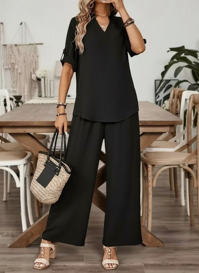 Janes Черен Увеличен Палацо Костюм С V образно Деколте Дрехи на едро Скромна мода