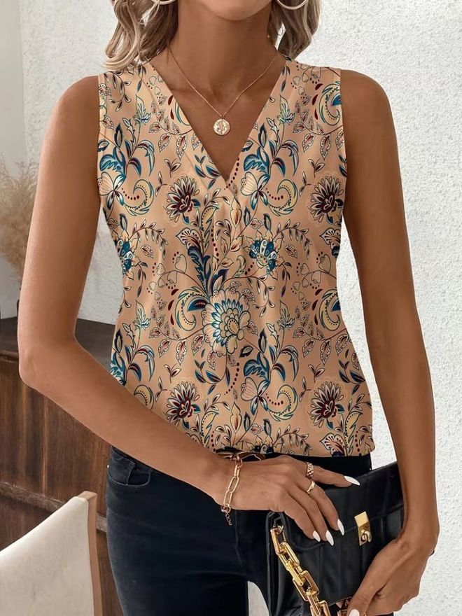Janes Μπεζ Μπλούζα Με Φλοράλ Σχέδιο Και V Λαιμόκοψη Χονδρικό εμπόριο ενδυμάτων Casual