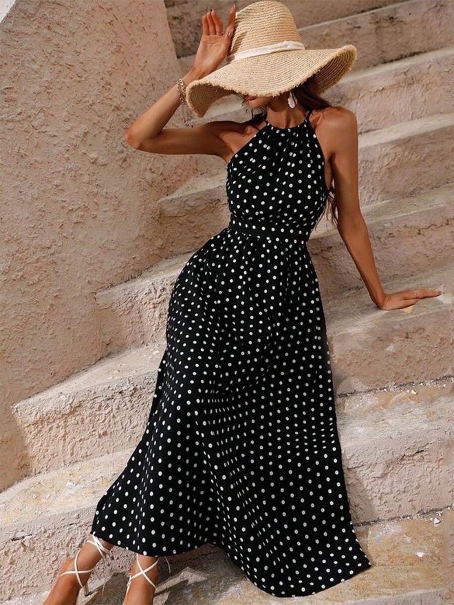 Janes Vestido Negro Con Lunares En Línea A Y Cuello Halter Ropa al por mayor Casual