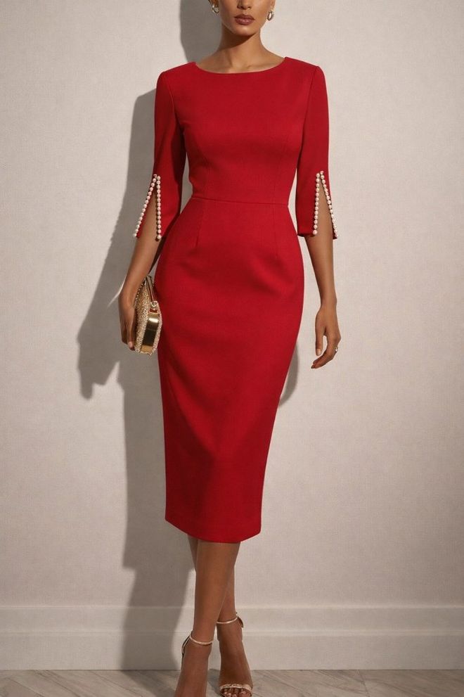 Janes Eleganten Rdeč Plašč S 3/4 Rokavi Oblačila na debelo Seksi