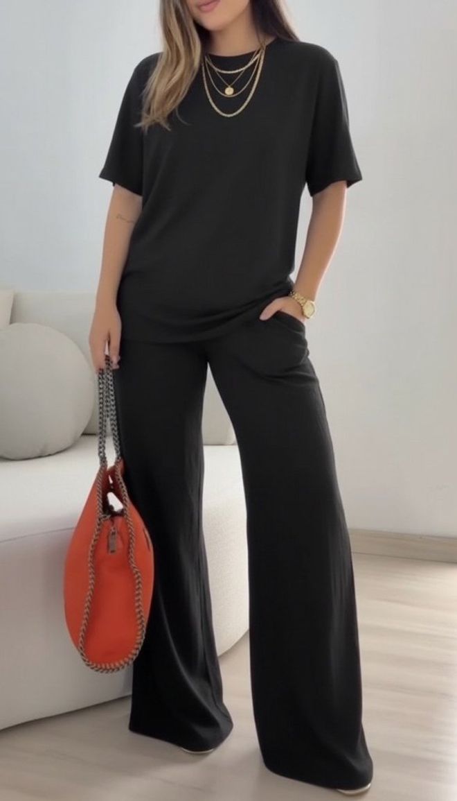 Janes Црн Неформалан Елегантан Комплет Са Палацо Панталонама Велепродаја одеће Неформалан