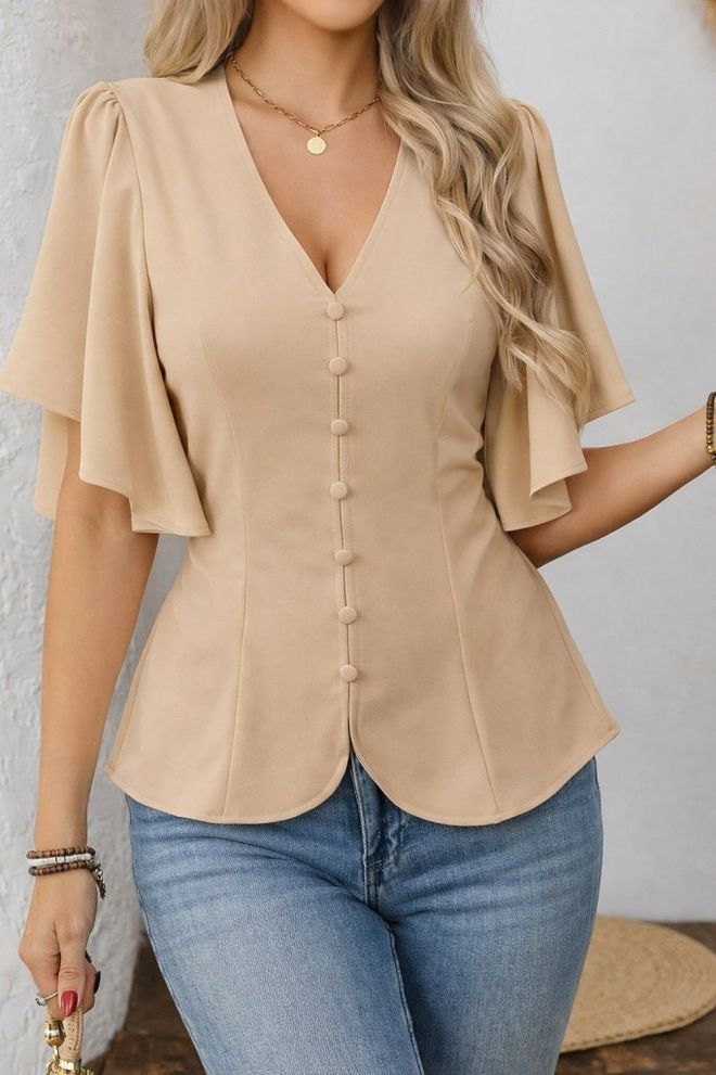 Janes Beżowa Elegancka Dopasowana Bluzka Z Rękawami Motylkowymi Hurtowa sprzedaż odzieży Casual