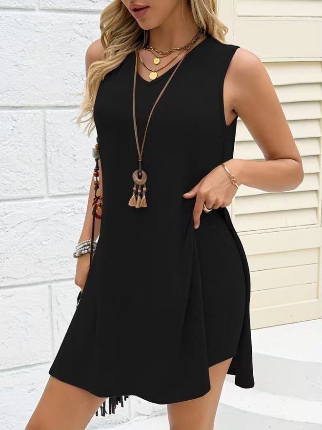 Janes Vestito Nero Casual Sexy Streetwear Shift Mini Senza Maniche Con Scollo A V Abbigliamento all'ingrosso Casuale