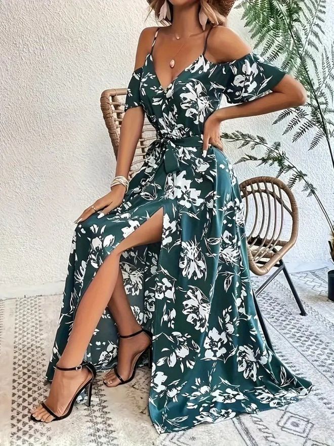 Janes Vestido Envelope Maxi Boho Verde Com Padrão Floral E Decote Em V Roupas por atacado Casual