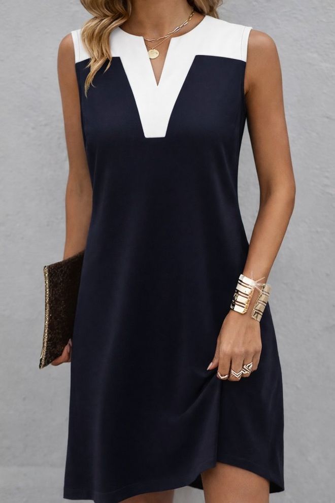 Janes Lacivert Kolsuz V Yaka Düz Elbise Toptan Giyim Gündelik