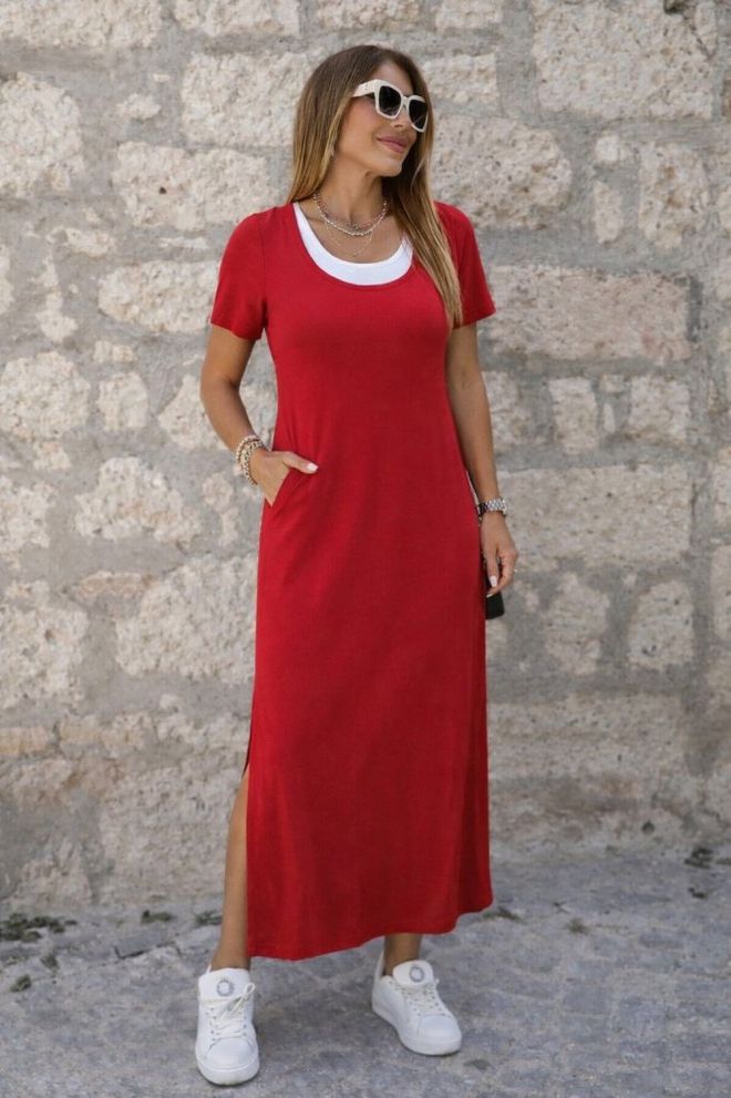 Janes Vestito Rosso Casual Sportivo Maxi Tubino Con Maniche Corte Abbigliamento all'ingrosso Casuale