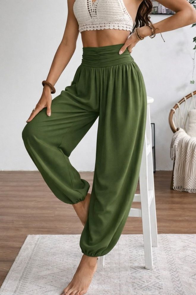 Janes Πράσινο Boho Casual Εθνικό Παντελόνι Harem Μακρύ Με Φουσκωτό Μπατζάκι Και Ψηλόμεσο Χονδρικό εμπόριο ενδυμάτων Casual