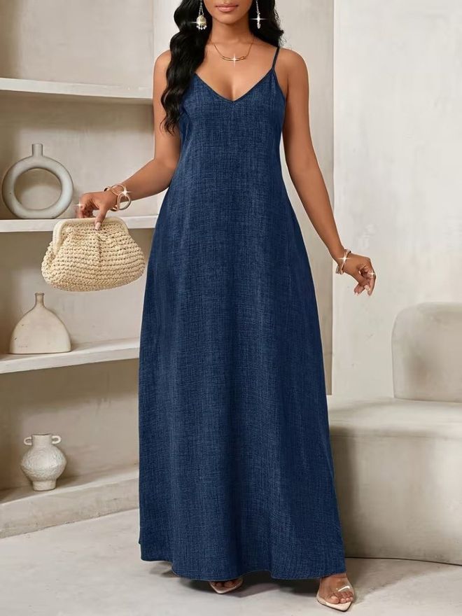 Janes Плави Елегантан Слип Хаљина Са В изрезом Велепродаја одеће Неформалан