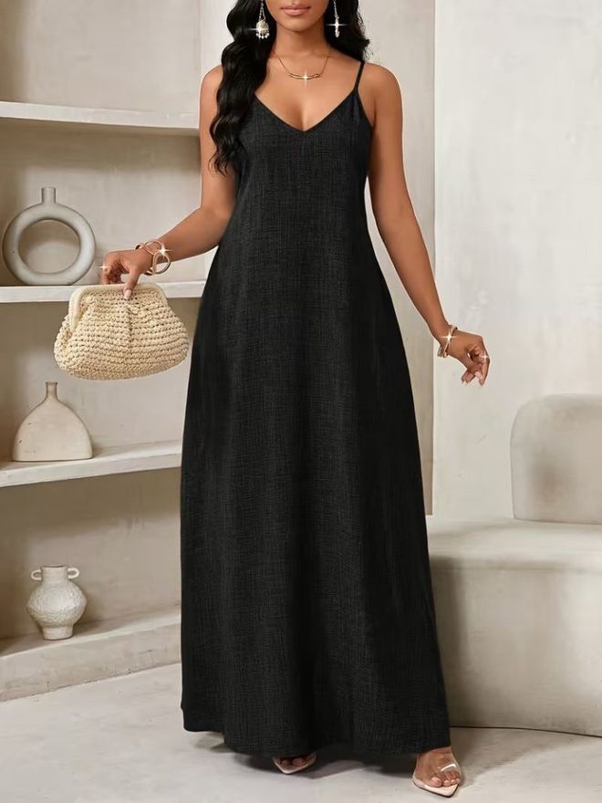 Janes Елегантна Црна Слип Хаљина Без Рукава Са В Изрезом Велепродаја одеће Неформалан