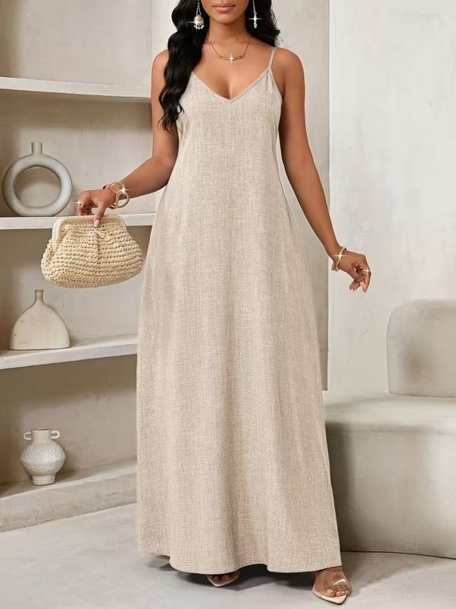 Janes Беж Хаљина Слип Са В изрезом За Пролеће И Лето Велепродаја одеће Неформалан