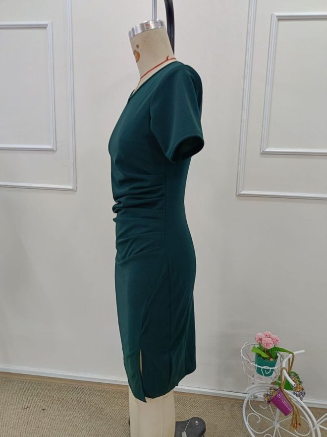 Janes Women's Short Sleeve V Neck Pleated Short Imported Crepe Dress Green Wholesale Clothing 5