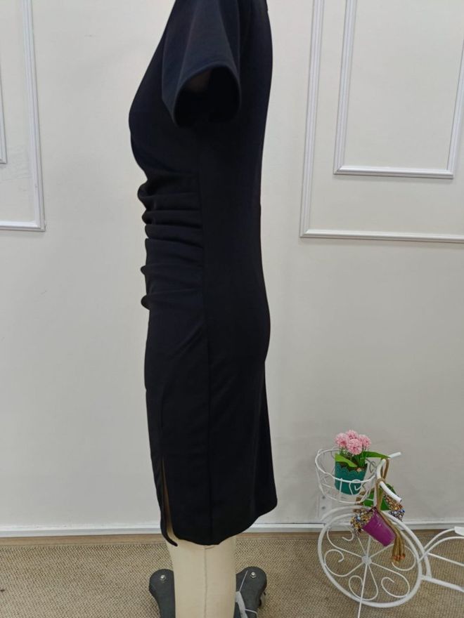 Janes Women's Short Sleeve V Neck Pleated Short Imported Crepe Dress Black Wholesale Clothing 5