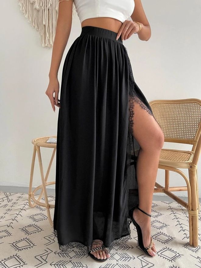 Janes Ženska Dugačka Pješčana Suknja Sa Bočnim Prorezom Sa Visokim Strukom Crna Велепродаја одеће 0