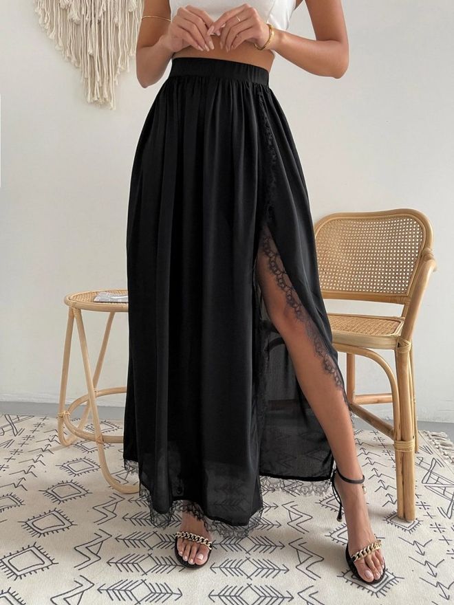 Janes Women's High Waist Side Slit Lace Long Sandy Skirt Black Wholesale Clothing 4