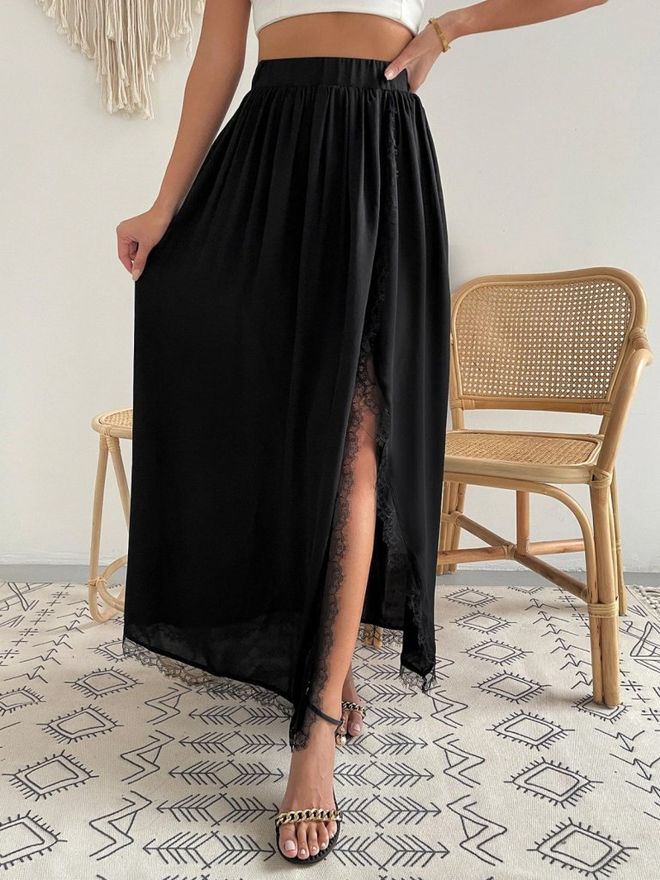 Janes Women's High Waist Side Slit Lace Long Sandy Skirt Black Wholesale Clothing 3