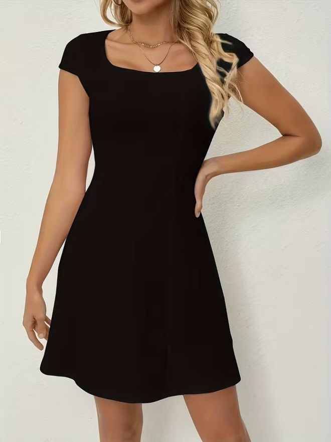 Janes Rochie Mini Neagră Tip A Cu Mâneci Capac Și Decolteu Pătrat Îmbrăcăminte cu ridicata Casual