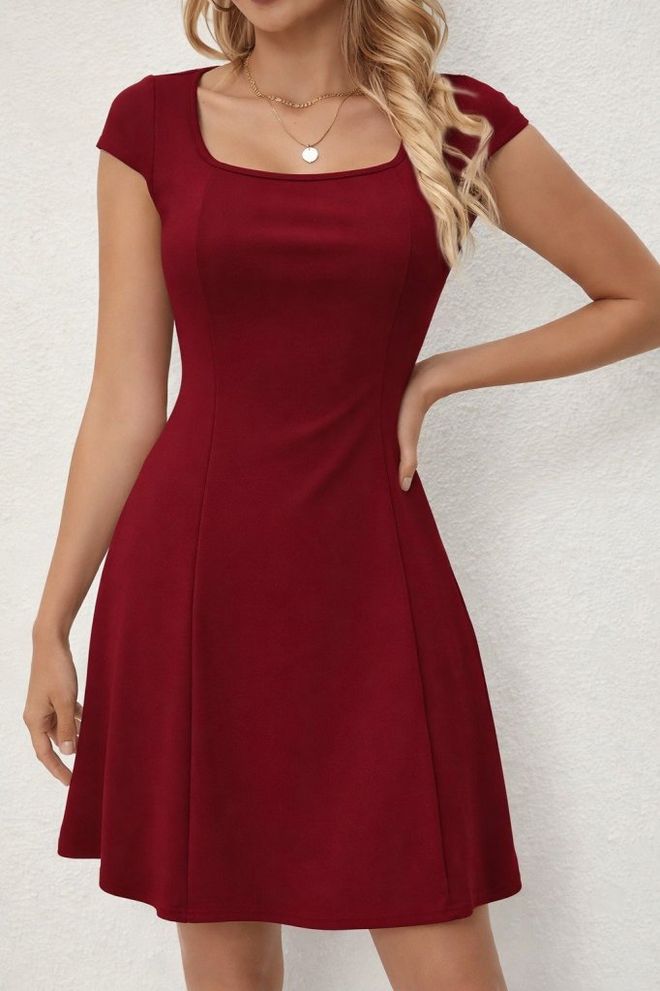 Janes Elegant Claret Red Fit And Flare Dress Wholesale Clothing Casual
