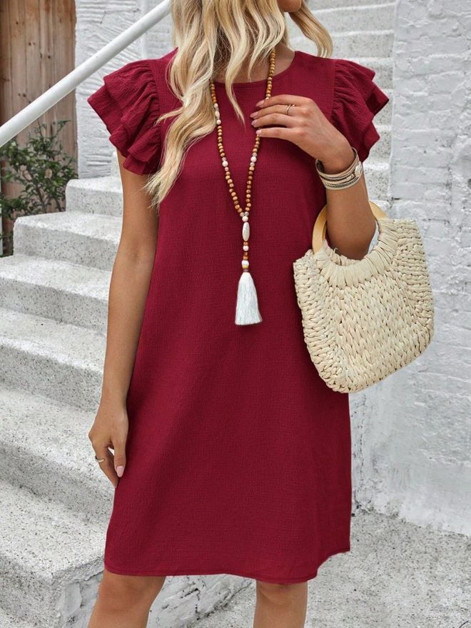 Janes Vestido Rojo Clarete Tipo Shift Con Mangas Cortas De Volantes Ropa al por mayor Casual