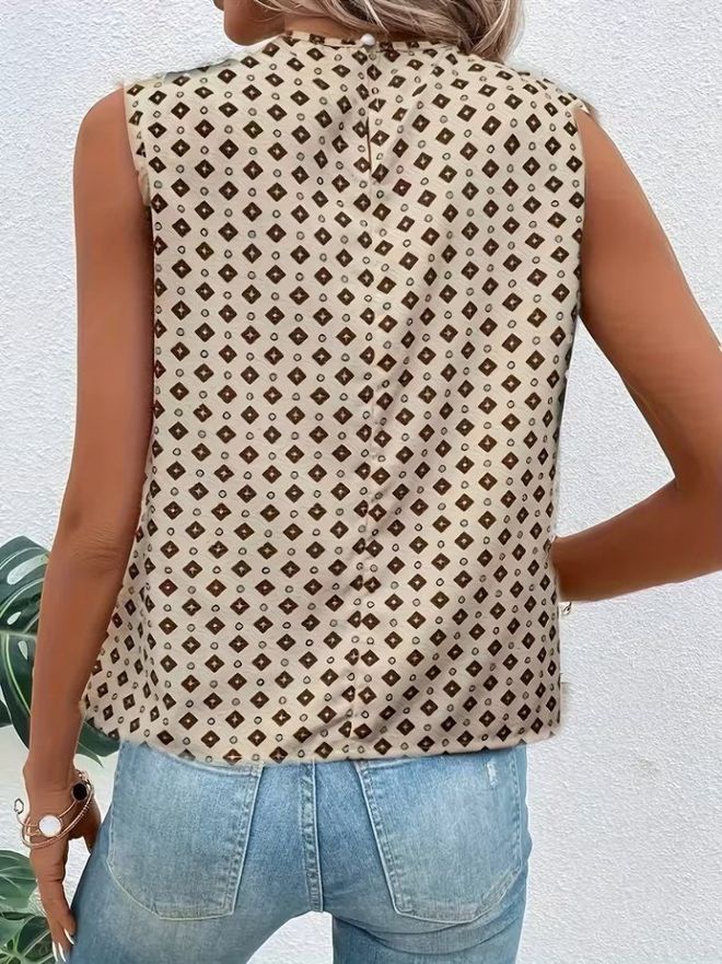 Janes Beige Geometric Cap Sleeve Blouse Wholesale Clothing Lounge