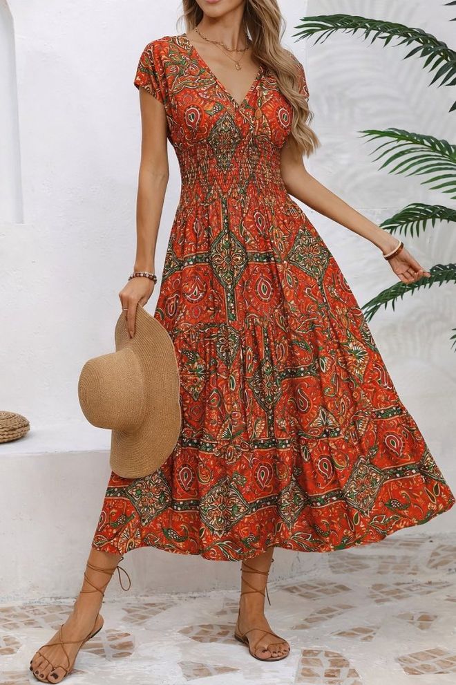 Janes فستان أحمر بوهو فِت آند فلير ميدي ملابس بالجملة غير رسمي