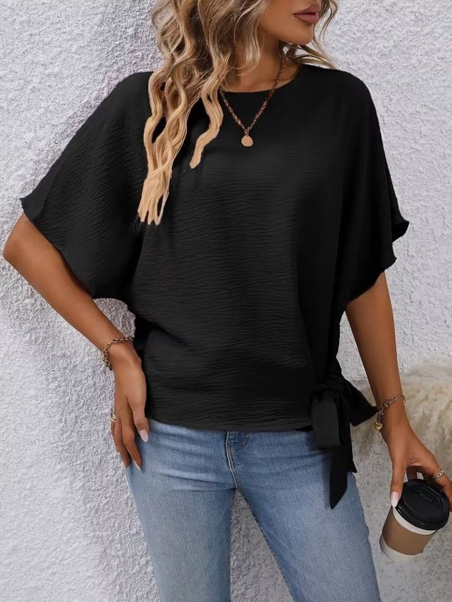 Janes Black Elegant Casual Blouse With Half Sleeves Wholesale Clothing 1