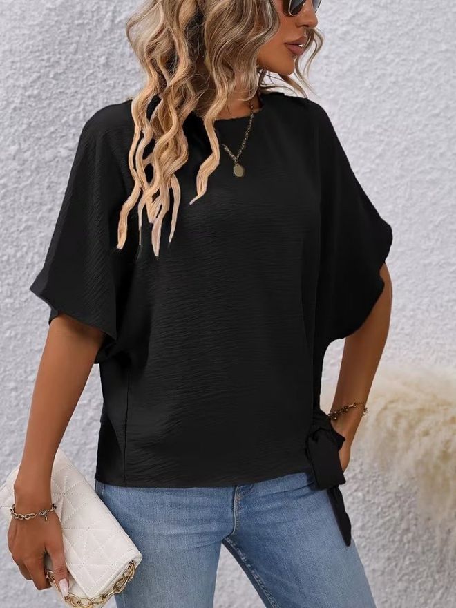 Janes Black Elegant Casual Blouse With Half Sleeves Wholesale Clothing Lounge