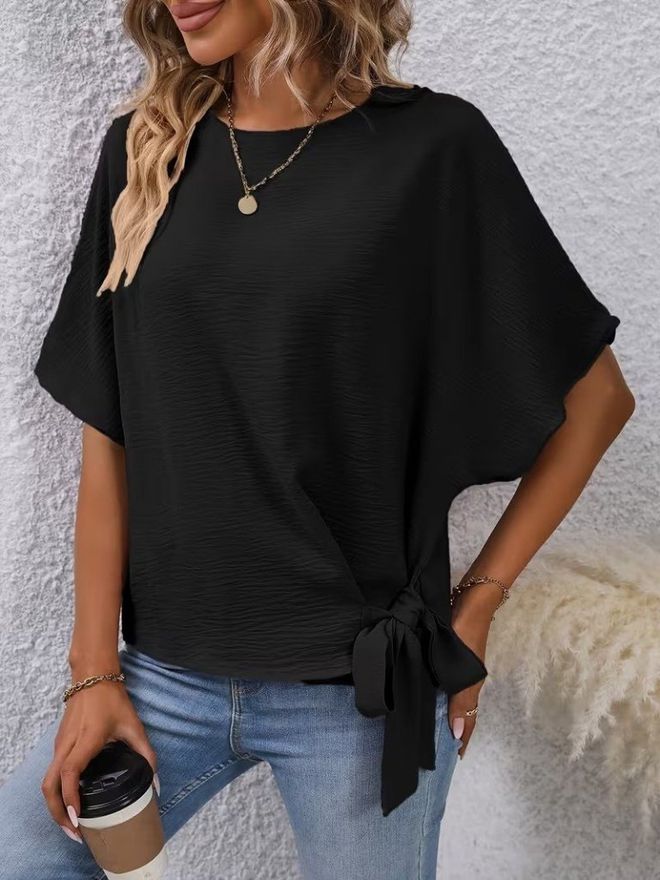 Janes Black Elegant Casual Blouse With Half Sleeves Wholesale Clothing Elegant