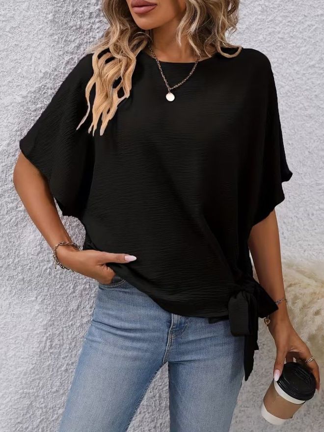 Janes Black Elegant Casual Blouse With Half Sleeves Wholesale Clothing Spring