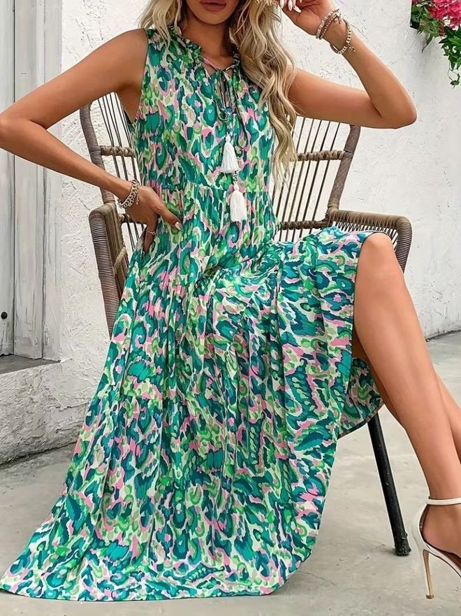 Janes فستان أخضر بوهو ألف خط بطبعة الحيوان ملابس بالجملة غير رسمي