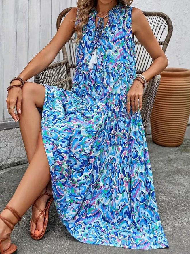 Janes فستان أزرق أنيق بياقة على شكل حرف V بطول متوسط ملابس بالجملة غير رسمي