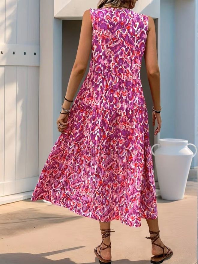 Janes Pink Sleeveless A Line Midi Dress With Keyhole Neck Wholesale Clothing Beach