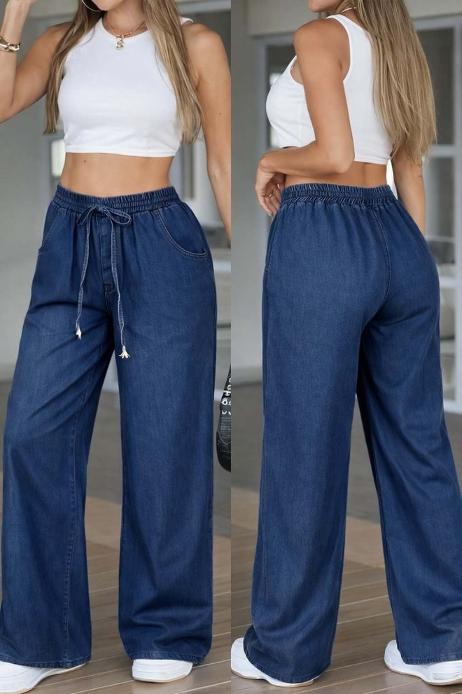 Janes Mėlynos Kasdieninės Palazzo Kelnės Su Raišteliu Didmeninė prekyba drabužiais Kokteilinė