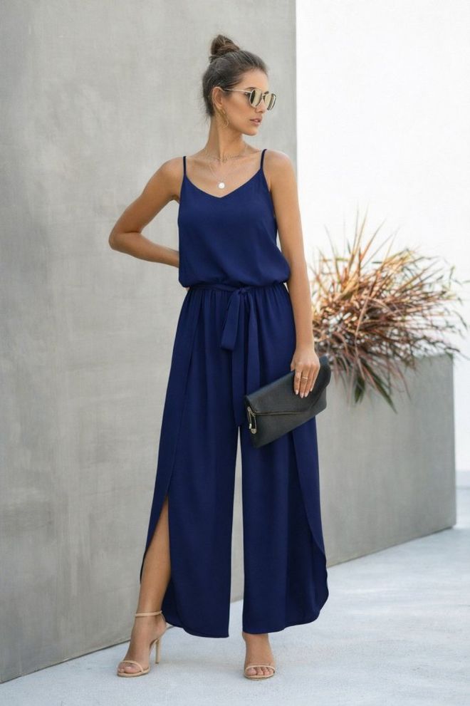 Janes Macacão Azul marinho Sem Mangas Com Decote Em V Romper Roupas por atacado Primavera