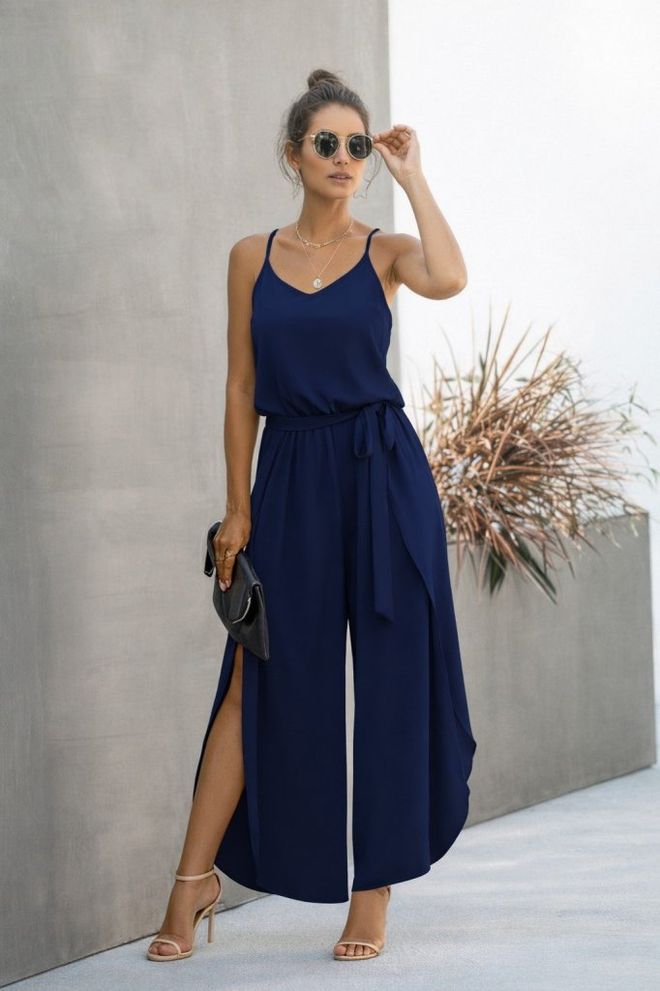 Janes Macacão Azul marinho Sem Mangas Com Decote Em V Romper Roupas por atacado Trabalho