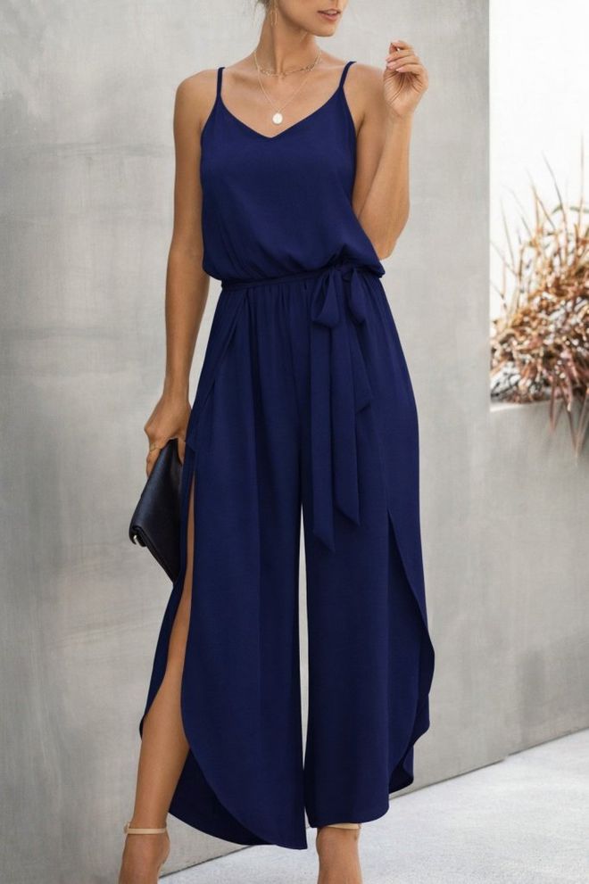 Janes Macacão Azul marinho Sem Mangas Com Decote Em V Romper Roupas por atacado 1