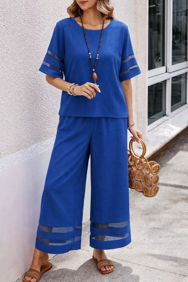 Janes Blue Casual Elegant Boho Set With Palazzo Pants Wholesale Clothing Modest