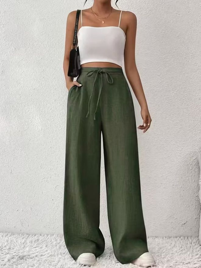 Janes Grüne Palazzo Hose Mit Hoher Taille Und Kordelzug Großhandelskleidung Lässig