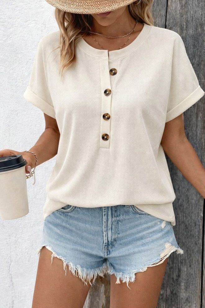 Janes Μπεζ Casual Boho Μπλούζα Με Μισά Μανίκια Χονδρικό εμπόριο ενδυμάτων Απλό