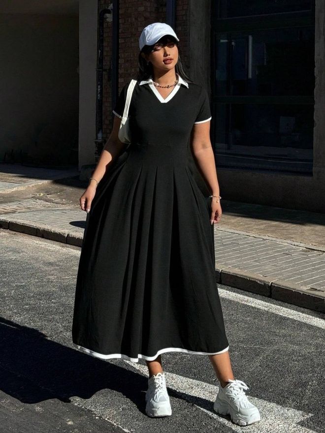 Janes Vestido Negro Fit And Flare Con Cuello Polo Ropa al por mayor Modesto