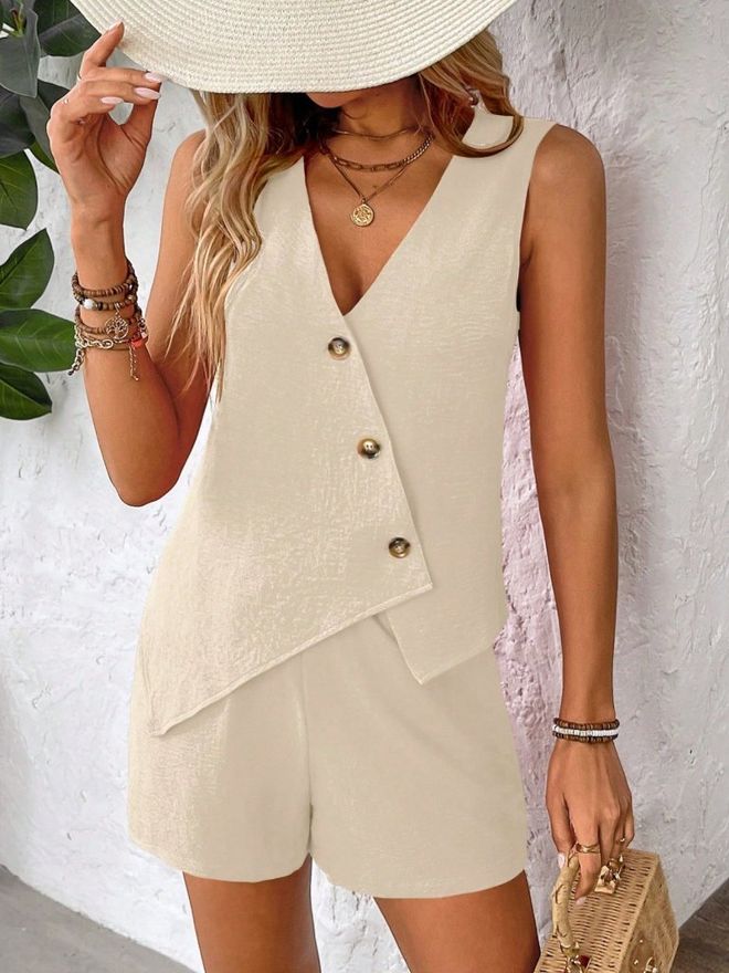 Janes Béžová Súprava S Bermudami A Zapínaním Na Gombíky V Tvare V Veľkoobchod s oblečením Neformálny
