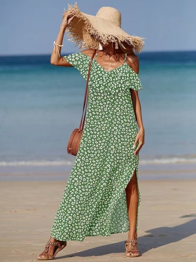 Janes Vestido Maxi Verde Com Mangas Com Folhos Florais Tipo Cap Roupas por atacado Casual