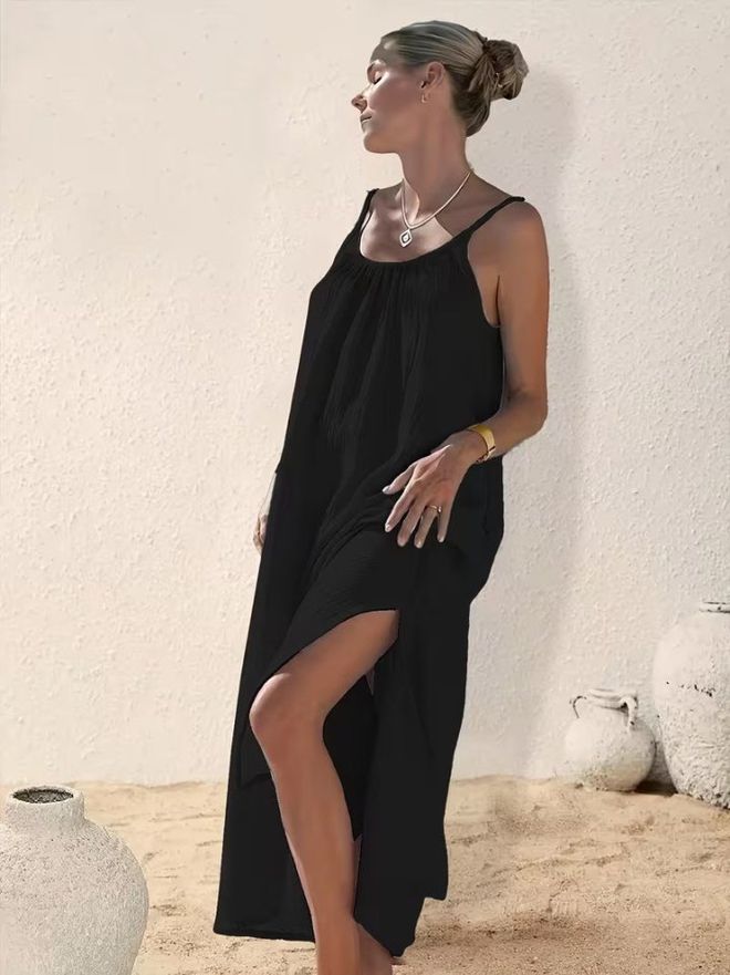 Janes Black Sleeveless Maxi Slip Dress With Round Neck Wholesale Clothing Casual