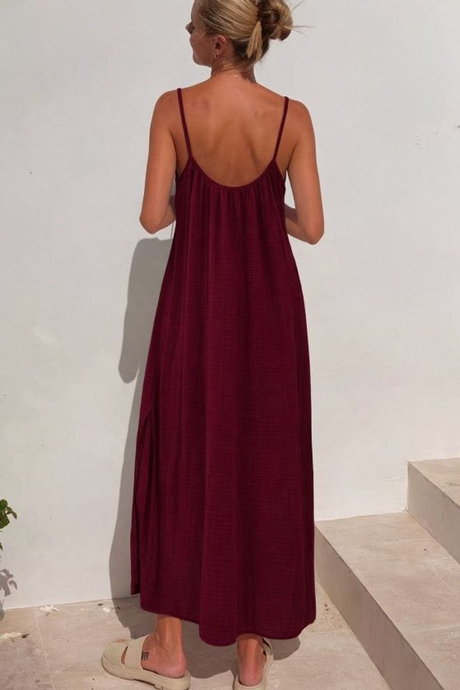 Janes Claret Red Slip Maxi Dress With Cap Sleeves Wholesale Clothing Beach