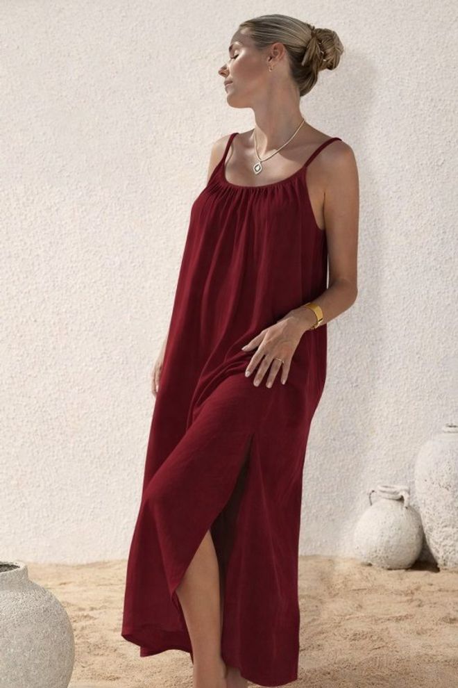 Janes Claret Red Slip Maxi Dress With Cap Sleeves Wholesale Clothing Casual