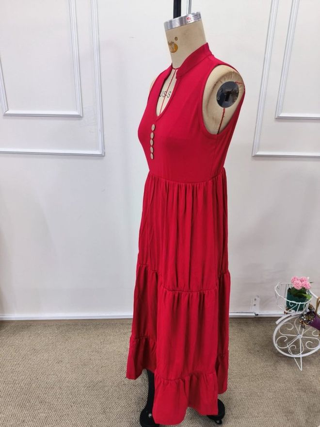 Janes Red Fit And Flare V Neck Midi Dress Wholesale Clothing 5