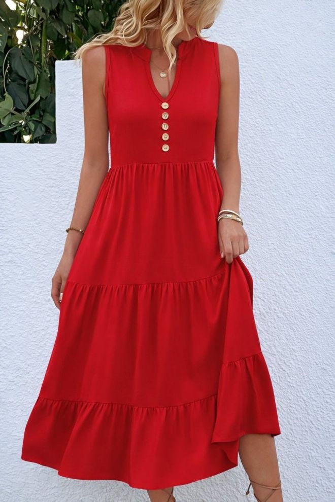 Janes Red Fit And Flare V Neck Midi Dress Wholesale Clothing Beach